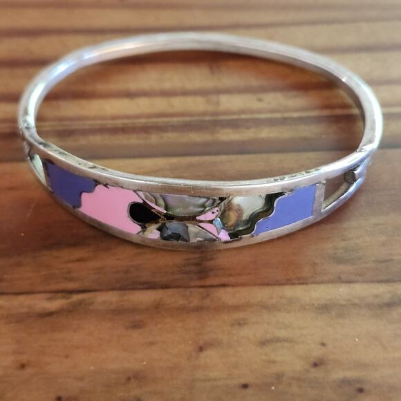 5 Vtg Taxco Mexico Sterling Silver Mother of Pearl Inlay Hinged Cuff Bracelet - Picture 4 of 15